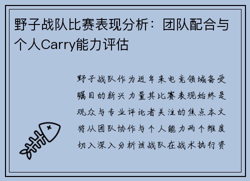 野子战队比赛表现分析：团队配合与个人Carry能力评估