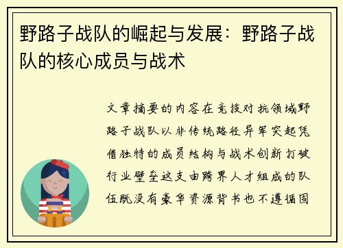 野路子战队的崛起与发展：野路子战队的核心成员与战术