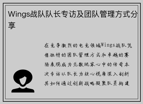 Wings战队队长专访及团队管理方式分享